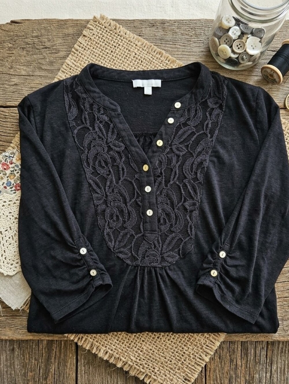 NY Collection Woman Black Lace Front Henley Tunic Top Blouse Plus Size 3X